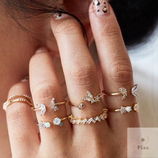 7 unidades / conjunto de moda vintage retro anel conjunto flor de borboleta boho anéis de dedo liga de ouro banhado strass anéis de articulação aberta ajustável para mulheres senhoras joias boêmio