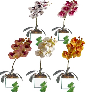 Arranjo de Orquídea Artificial em Silicone 3d Com Vaso de Vidro Espelhado (1)