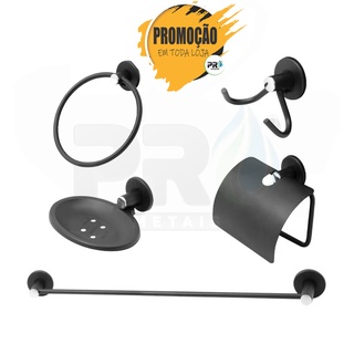 Kit de Metal Acessórios Para Banheiro Aço Inox 5 Peças Stander Color PRETO FOSCO