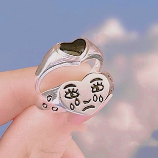 Ring fashion personality trend black love crying face adjustable opening