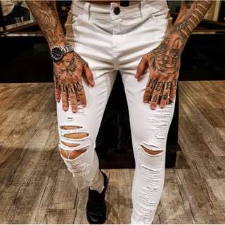 calça masculina rasgada skinny branca premium com lycra elastano justa ao corpo