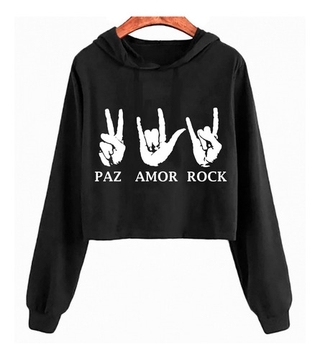 Blusa Moletom Cropped Feminino Flanelado Paz Amor Rock Roll