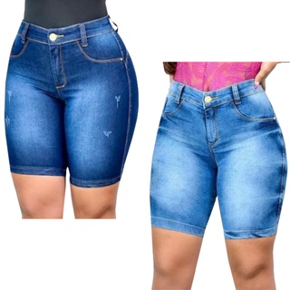 Bermudas Jeans Feminino Barato Meia Coxa Cintura Alta Até o Umbigo Lycra Levanta Bumbum Kit C/ 2