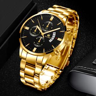 Relógio de Pulso Shaarms de Quartzo em Aço Inoxidável Dourado / Relógio Militar Esportivo com Data Masculino Fashion