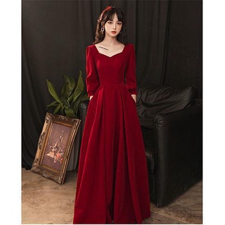 Vestido De Noiva De Veludo Vermelho Vinho Com Manga Comprida Tamanho Grande 2020 Outono/Inverno