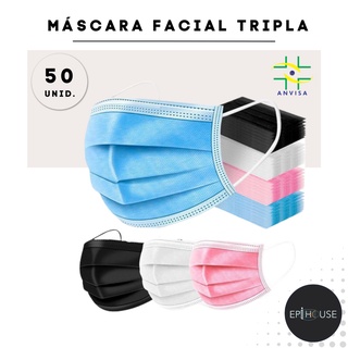 Máscara Descartável De Proteção Facial Tripla CX C/ 50