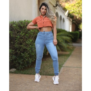 Calça jeans Jogger Feminina Clara Cintura Alta Elástico Punho Blogueira Capri