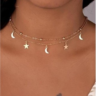 kilii Women simple double moon stars short necklace