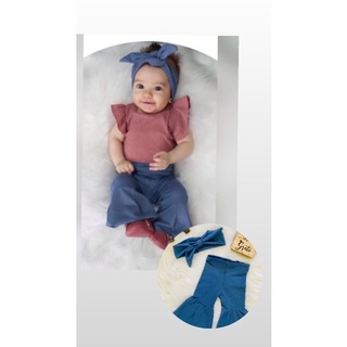 Calça de menina bebê flare cor jeans sarja algodão com faixinha de cabelo linda (2)