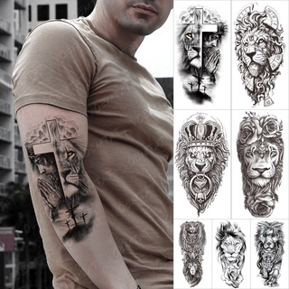 Adesivo De Tatuagem Temporária À Prova D 'Água Cruz De Leão Tatto Braço Lobo Cruz Animais Selvagens Arte Corpo Braço Manga Falsa