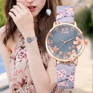 Relógio de Pulso de Quartzo Floral com Linda Pulseira de Couro Feminino