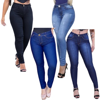Kit 4 Calças Femininas Jeans Cintura Alta Até o Umbigo Modelagem Empina Bumbum Skinny Lycra