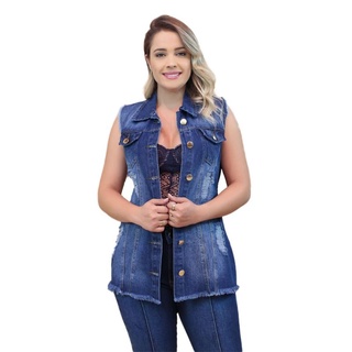 Colete Jeans Feminino- Comprido Estilo Blogueira Azul Escuro