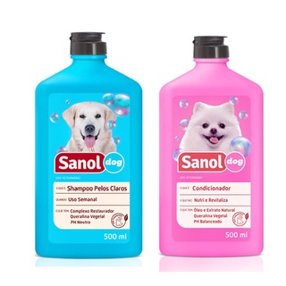 Kit de banho para cachorro: Shampoo Pelos Claros e Condicionador Revitalizante cães Sanol