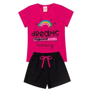 Conjunto Infantil Feminino Verão Camisa Rosa Pink estampa Dreams Bermuda Preta 1 ao 8 anos.