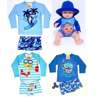 Conjunto Bebe menino proteção UV 50+ camiseta e sunga de 3 meses a 24 meses Tubarão Praia Piscina Natação