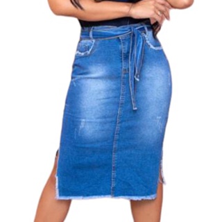 Saia Jeans Midi Cintura Alta Com Lycra Moda Evangelica Feminina Botoes Rodada Clara Escura barata (4)
