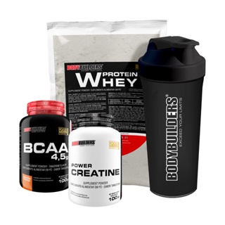 Kit Whey Protein 500g, BCAA 4,5 100g, Power Creatine 100g, Coqueteleira – Bodybuilders (1)