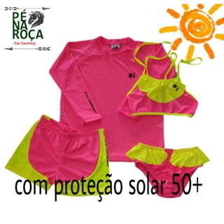 Conjunto infantil 4 peças blusa Top Calcinha com Babado e Short de banho Térmico com Proteção Solar 50+ Pé na Roça 63 (1)