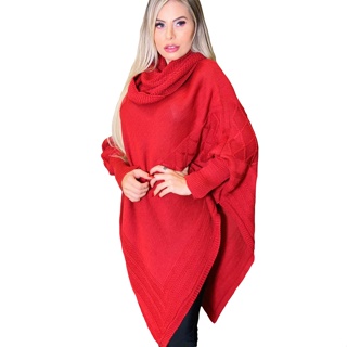 Blusa de Inverno Tricô - Poncho Estilo Pala(capa) - Gaúcha - Feminina - Cor Vermelha (2)
